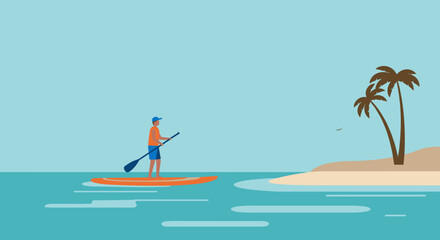Paddleboarding adventure tropical island digital illustration calm waters side view outdoor recreation. Vector illustration