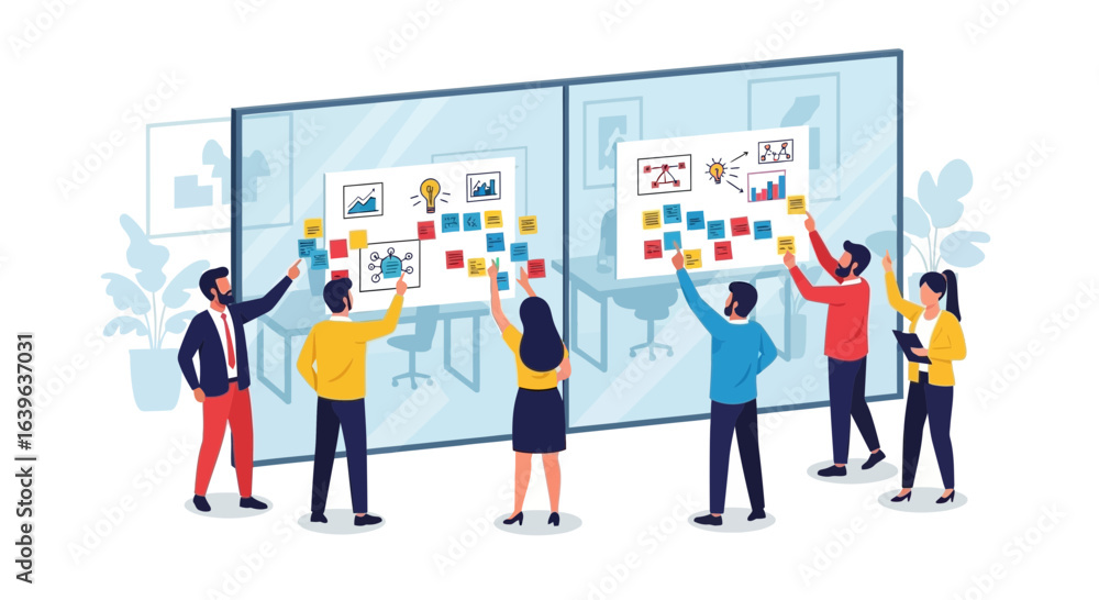 Poster business team collaborating on project strategy using sticky notes for planning
