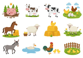 Obraz premium Collection of Cute Farm Animals Illustrations.