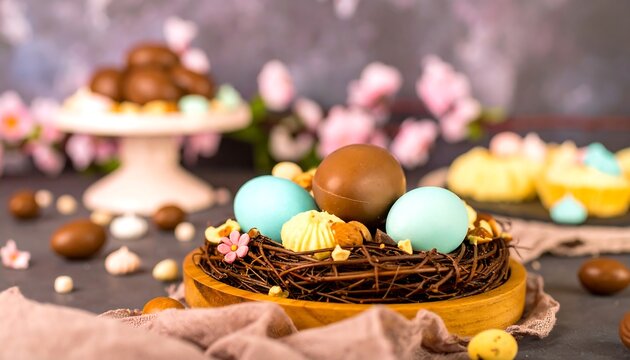 Chocolate decorated easter eggs and pastries