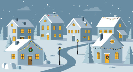 Fototapeta premium Winter wonderland neighborhood snowy scene digital art evening atmosphere aerial perspective holiday spirit. Vector illustration