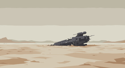 Shipwreck discovery deserted landscape digital art futuristic environment aerial perspective abandonment concept. Vector illustration