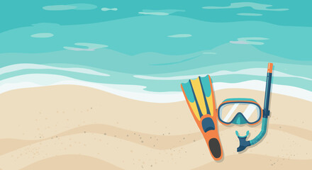 Snorkeling adventure beach digital illustration coastal environment aerial view water sports experience. Vector illustration