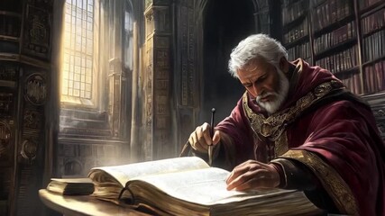 Wise Scholar Studying Ancient Manuscript in Grand Library - Powered by Adobe