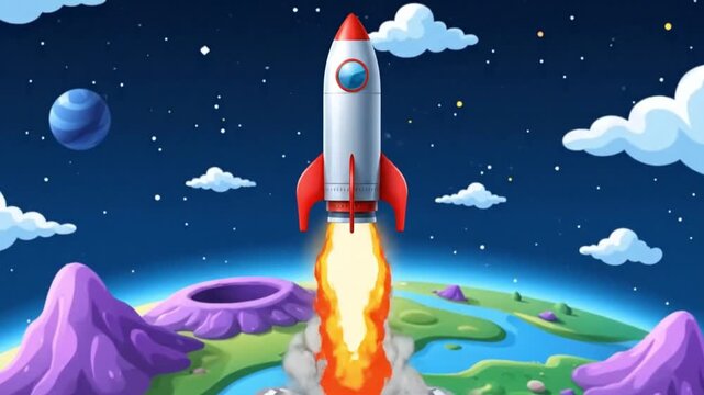 A vibrant cartoon rocket blasts off from a stylized Earth, ascending into the dark, star-filled cosmos with other planets visible.