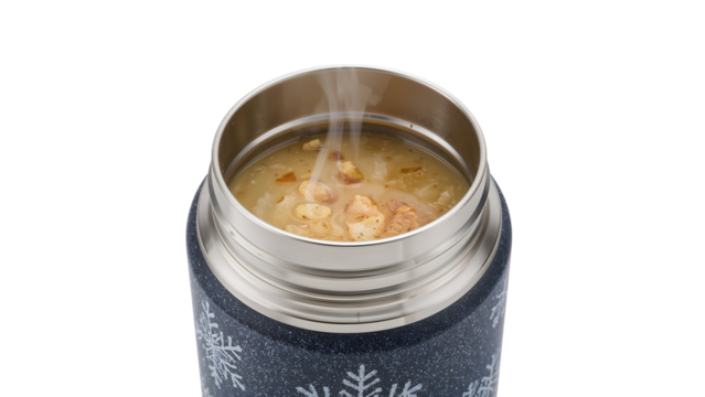 Steaming soup in stainless steel thermos with winter snowflake design isolatedon the transparent background