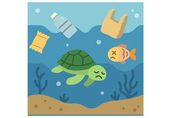 Naklejka premium Sea turtle and dead fish suffering from ocean plastic pollution illustration
