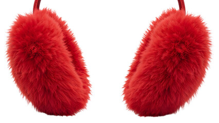 Red fluffy earmuffs isolatedon the transparent background winter fashion cozy accessory warm furry headband trendy seasonal outfit