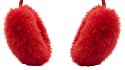 Red fluffy earmuffs isolatedon the transparent background winter fashion cozy accessory warm furry headband trendy seasonal outfit