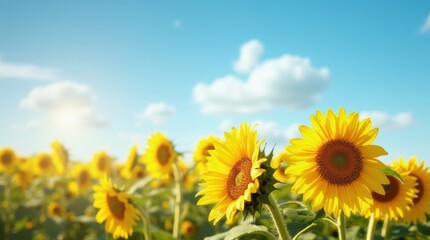 Fototapeta premium Golden sunflower field bright blue sky soft clouds