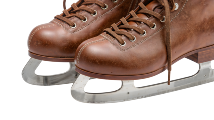 Closeup of classic brown leather ice skates with laces and metal blades isolatedon the transparent background