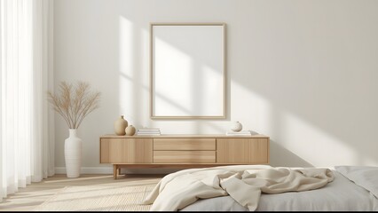Elegant Japandi interior bedroom with blank vertical frame and soft lighting