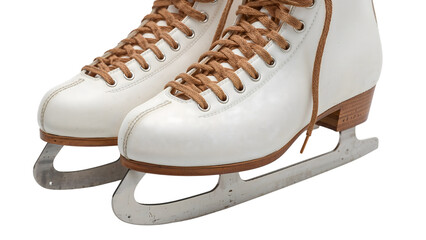 Pair of classic white figure ice skates with brown laces and wooden heel isolatedon the transparent background for winter sports and recreation
