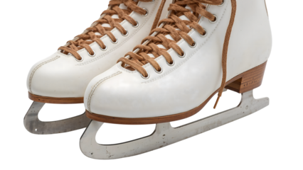 Pair of classic white figure ice skates with brown laces and wooden heel isolatedon the transparent background for winter sports and recreation