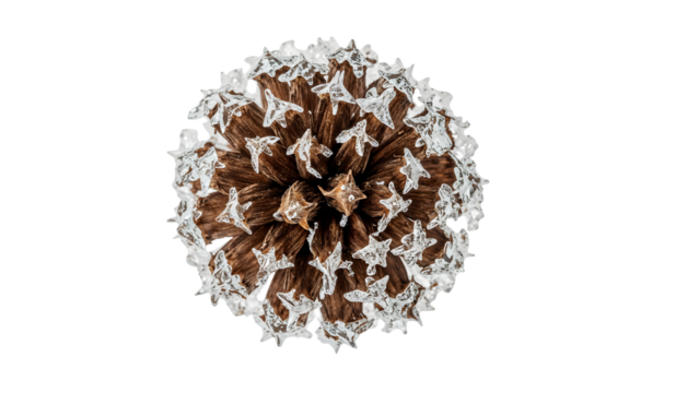 Closeup of frosted pine cone with decorative ice crystalson the transparent background for winter and christmas themes