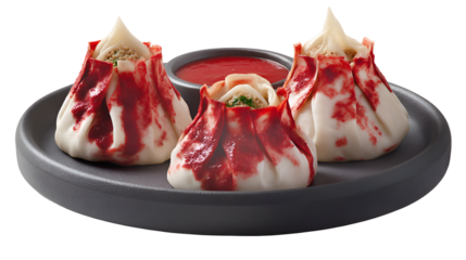 Nepalese Traditional Dish Momo. Authentic Cuisine in Nepal momo over a rustic wooden background.
Steam-cooked momos with sauce.