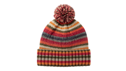 Colorful striped knit beanie with pom pom, warm winter hat for cold weather fashion, cozy accessoryon the transparent background