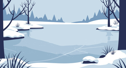 Fototapeta premium Winter ice skating on a frozen lake serene nature scene snowy landscape tranquil viewpoint beautiful outdoors. Vector illustration