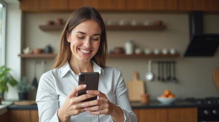 Smiling woman holding smartphone showing nutrition app interface in cozy kitchen