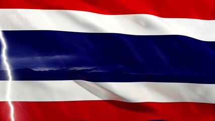 A thailand flag with lightning strike in the background on a stormy day