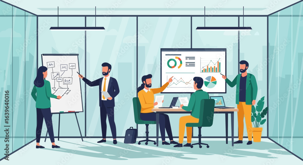 Poster professional team brainstorming data analytics in modern office
