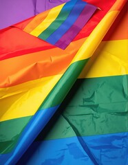 A vibrant rainbow-colored flag waves gently in the breeze, showcasing a spectrum of bright hues: red, orange, yellow, green, blue, and purple.