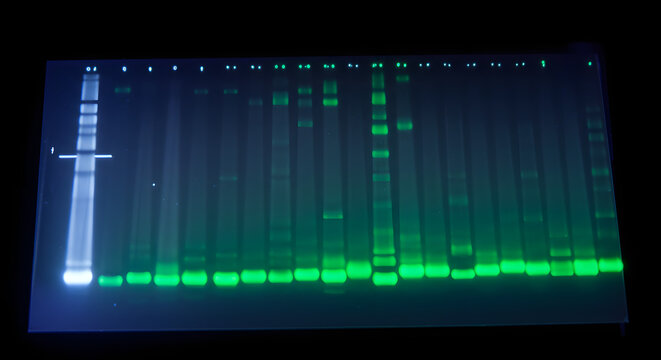 Fluorescent bands of DNA fragments on an agarose gel, DNA electrophoresis showing band separation under ultraviolet light