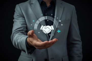 Businessman hand holding a digital business card with a globe icon, connecting the world through a global social network
