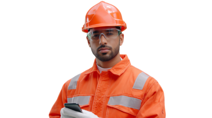 A construction worker in an orange uniform and helmet checks his phone, showcasing safety and modern technology in the workplace.