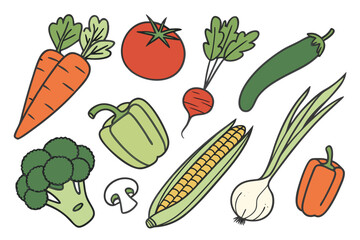 Collection of colorful hand drawn vegetables on white background
