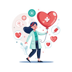 Beautiful female doctor holding large heart-shaped balloon with medical symbols promoting healthcare compassion, wellness, and heart health awareness