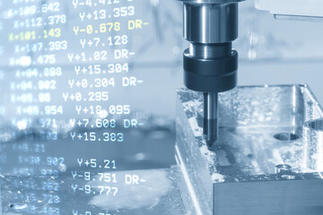 Abstract scene the CNC milling machine chamfer cutting the aluminum housing parts and G-code data background.