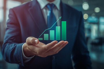 Businessman presenting a digital chart on a tablet, symbolizing financial market growth and success