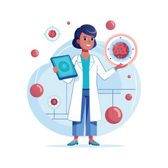 Female doctor holding futuristic holographic chart of blood cells in medical research concept, advanced healthcare technology vector illustration on white background