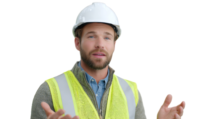 A professional man in a hard hat and safety vest gestures confidently, showcasing expertise in construction and project management.