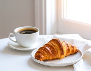 A perfect morning breakfast with a fresh golden croissant and a cup of hot black coffee on a white table by a sunlit window.