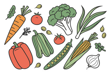 Colorful hand drawn assortment of fresh vegetables and produce