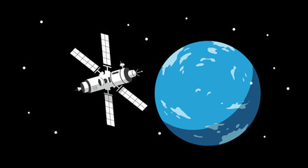 Satellite exploration of neptune space illustration dark environment outer space astronomy concept. Vector illustration