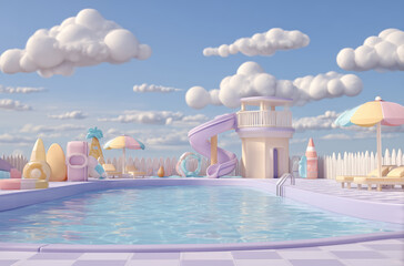 Pastel-colored poolside scene with slide, lifeguard tower, and beach accessories under a cloudy sky