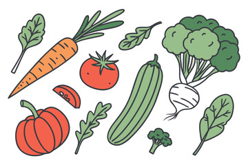 Assortment of fresh cartoon vegetables and greens on a white background