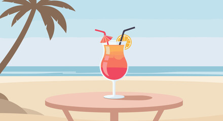 Refreshing cocktail on a beach table tropical paradise digital artwork serene atmosphere frontal view summer vibes. Vector illustration