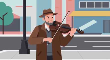 Musician performing violin on city street urban environment digital illustration dynamic viewpoint artistic concept. Vector illustration