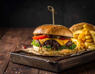 A gourmet cheeseburger with melted cheddar and a side of golden french fries on a rustic wooden serving board.