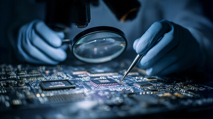 Electrical engineer fixing circuit board with precision tools under magnifying lens