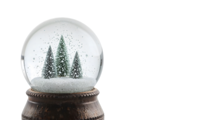 Snow globe with evergreen trees on wooden base isolatedon the transparent background, winter holiday decoration, christmas ornament, festive seasonal gift idea