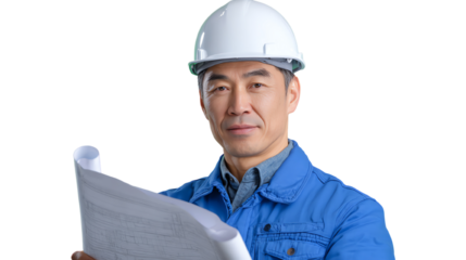 A professional engineer in a hard hat studies blueprints at a construction site, demonstrating expertise and attention to detail.