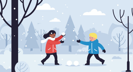 Fototapeta premium Children playing in the snow winter wonderland digital illustration outdoor scene joyful moment. Vector illustration