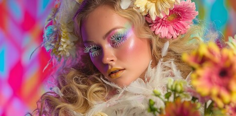 Ethereal Beauty with Sparkling Makeup and Vibrant Floral Backdrop.