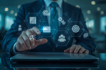 A businessman's hand presses a digital social media icon on a virtual screen, symbolizing global business and technology connections