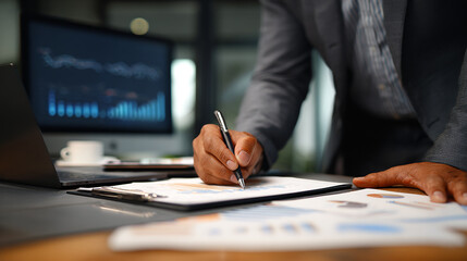Executive signing business contract beside financial report on screen